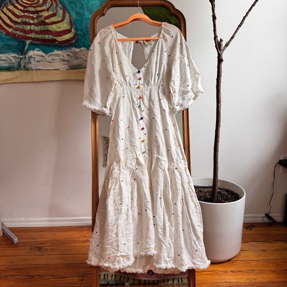 Farm Rio White Beaded Dress Rainbow Backless Flutter Sleeve Midi Size Small - Picture 2 of 6